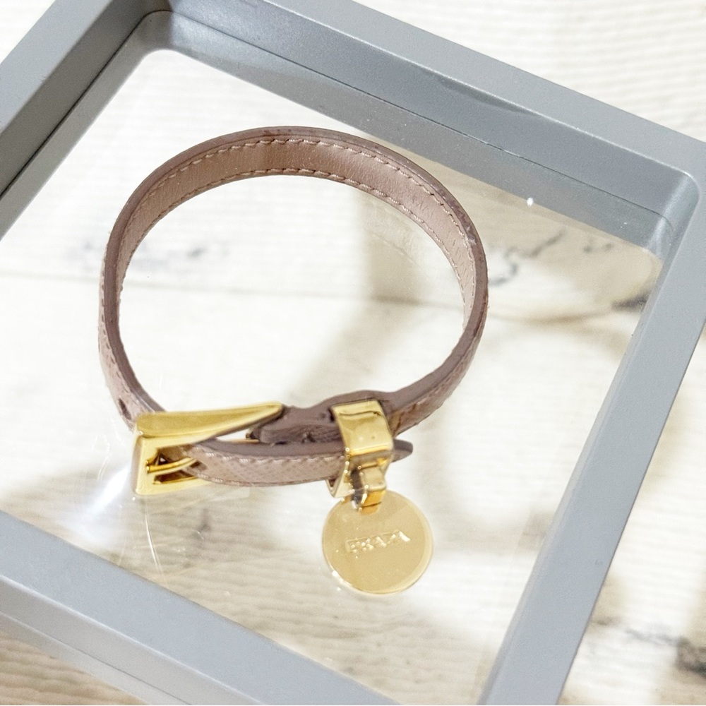 Prada Saffiano Leather Bracelet (Taupe with Gold Toned Hardware, Adjustable) - Picture 5 of 14